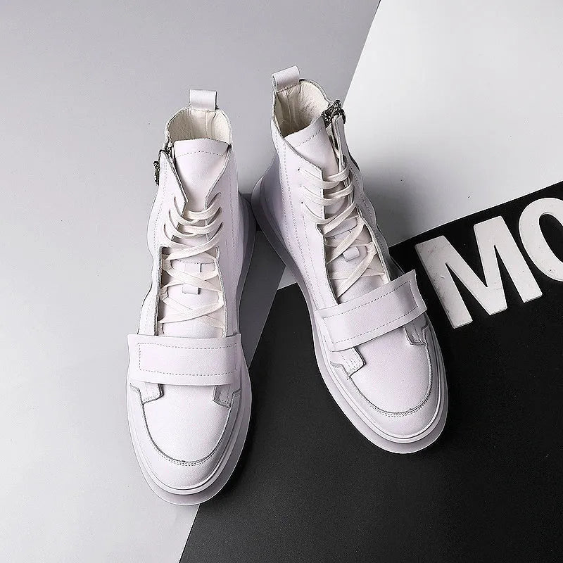 Men's black and white PU leather winter ankle boots in a high-top sneaker style.