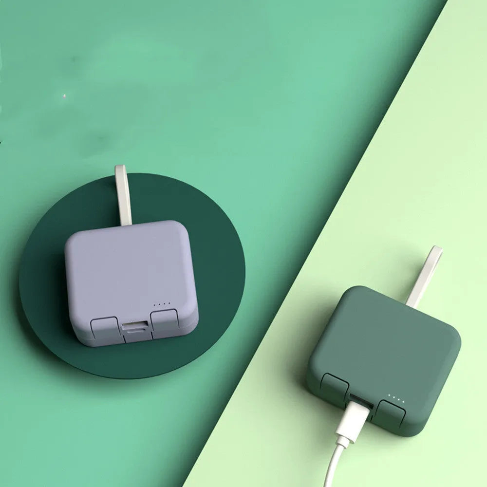 Handbag back clip power bank in blue, showing clip, phone stand function, and Type-C/Lightning ports.