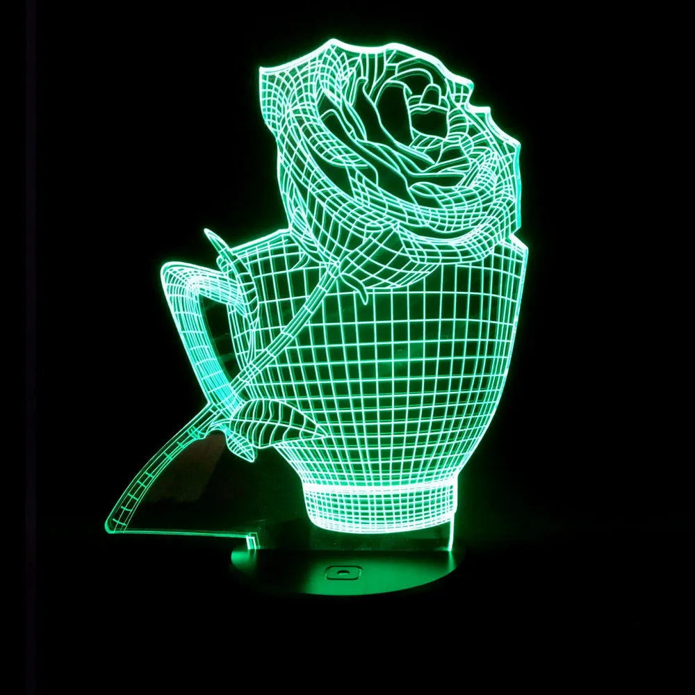 3D rose flower shaped night light glowing with multi-coloured LEDs on a black ABS base.