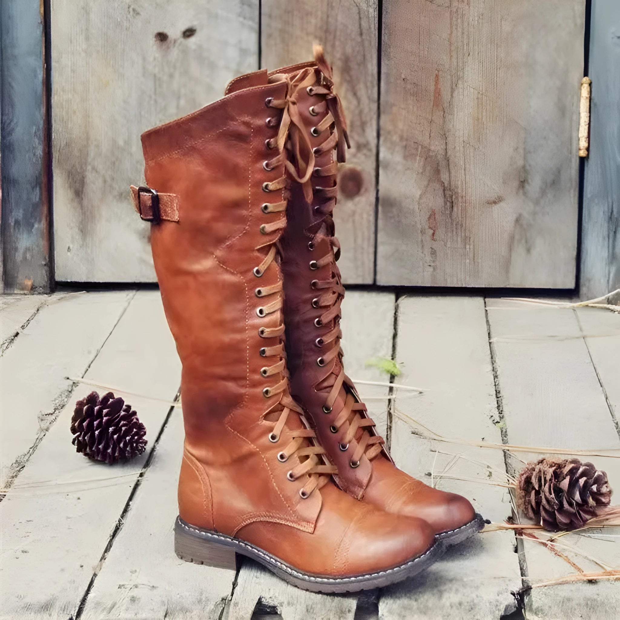 Chunky low heel high leg boots in black, brown, and wine red with rounded toe.