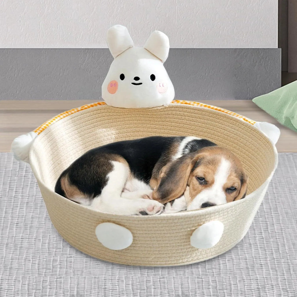 Woven cotton rope cat bed basket with scratching board in bear design for indoor furniture protection
