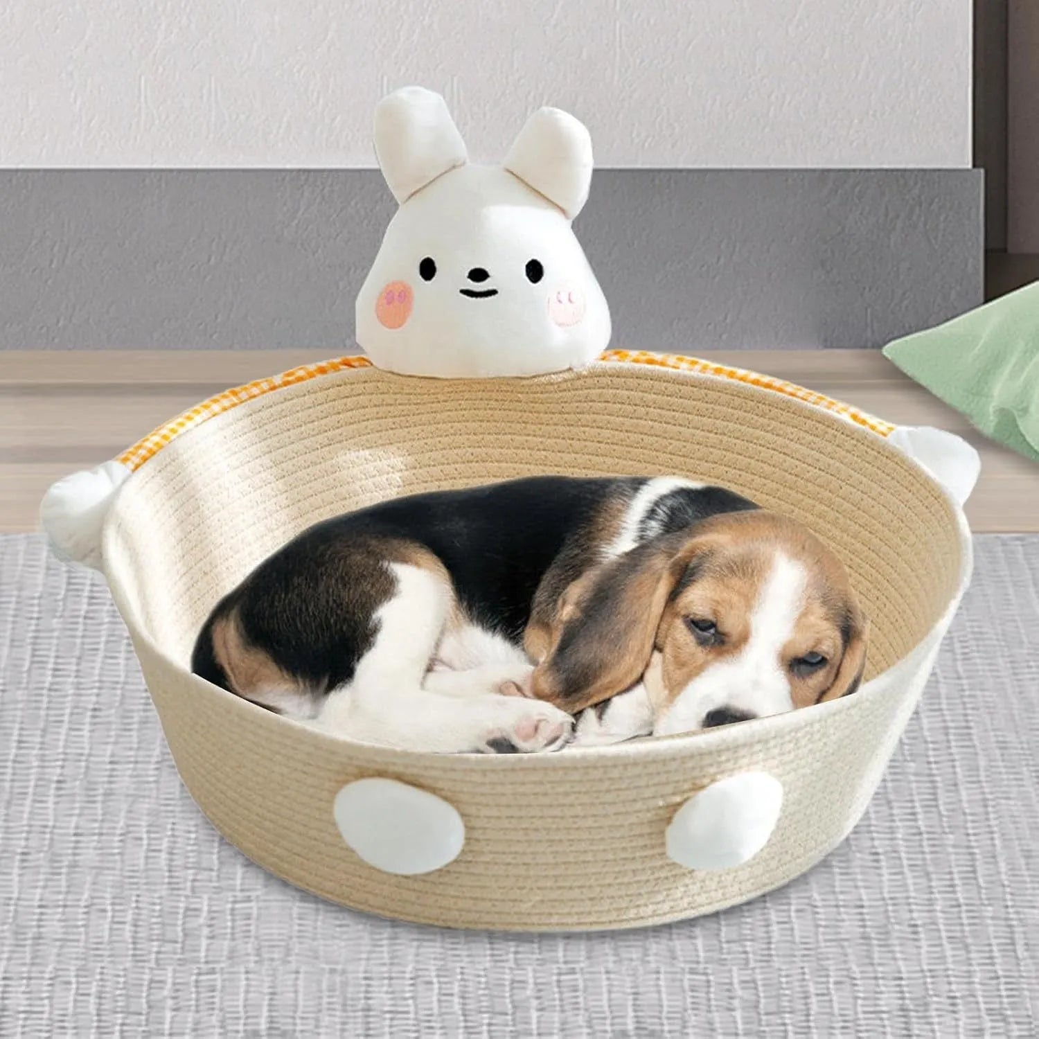 Woven cotton rope cat bed basket with scratching board in bear design for indoor furniture protection