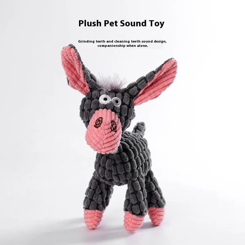 Assorted plush puppy toys including a blue elephant, coloured donkeys, and rechargeable duck styles.