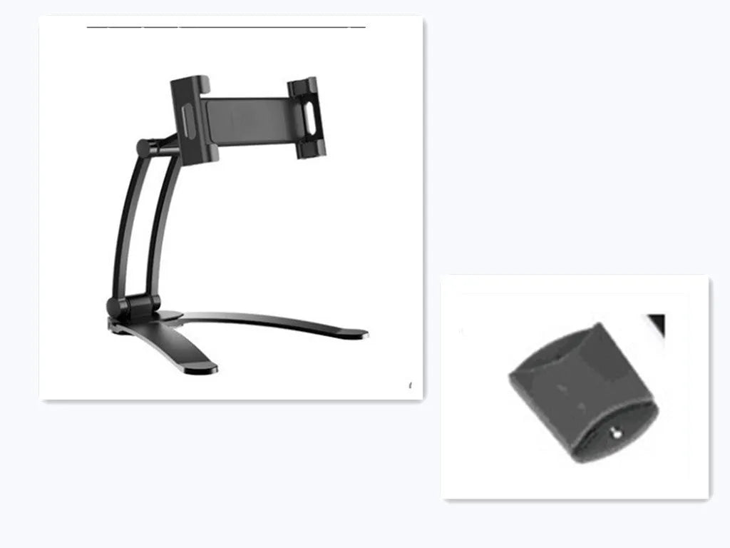 Silver aluminium alloy desktop tablet stand holding a tablet, showing 360-degree rotation adjustment.