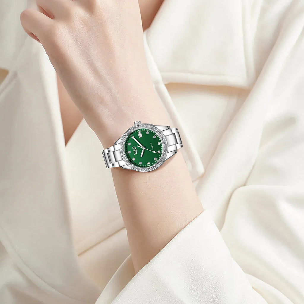 Women's fashion quartz watch with stainless steel case, diamond bezel, and luminous hands in silver colour options