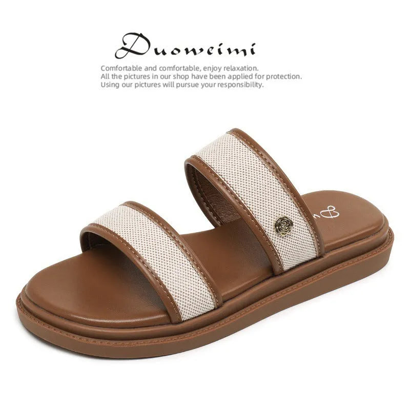 Brown women's vintage retro flip-flop sandals with artificial PU upper and soft bottom