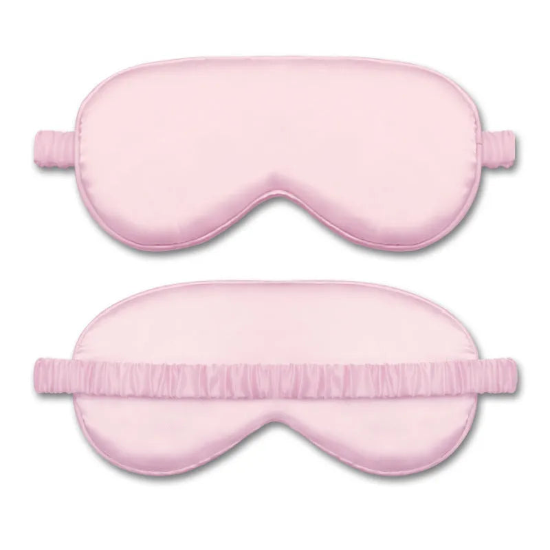 Double-sided Rayon elastic satin sleep mask shown in multiple colour options including sky blue, black, wine red, and light pink.