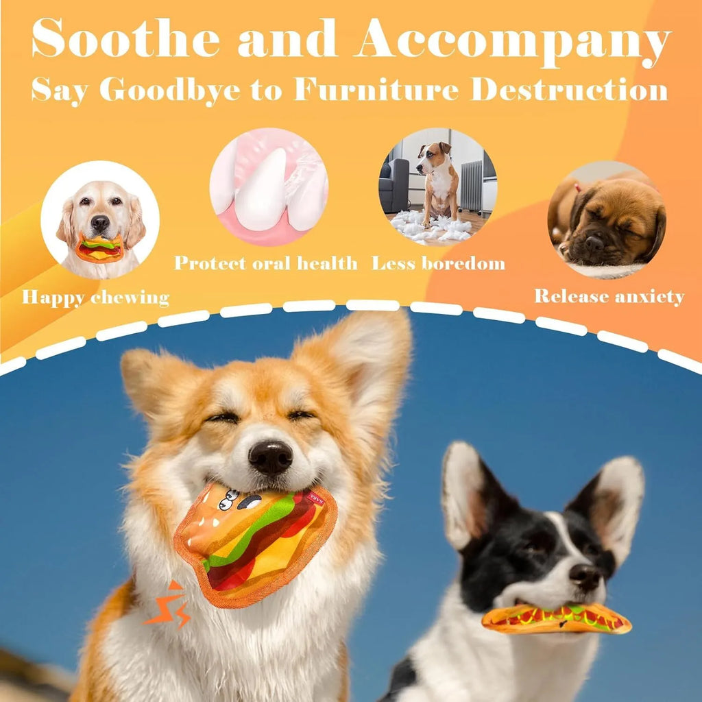 Crinkle and squeak dog toy in burger shape with no stuffing for puppies