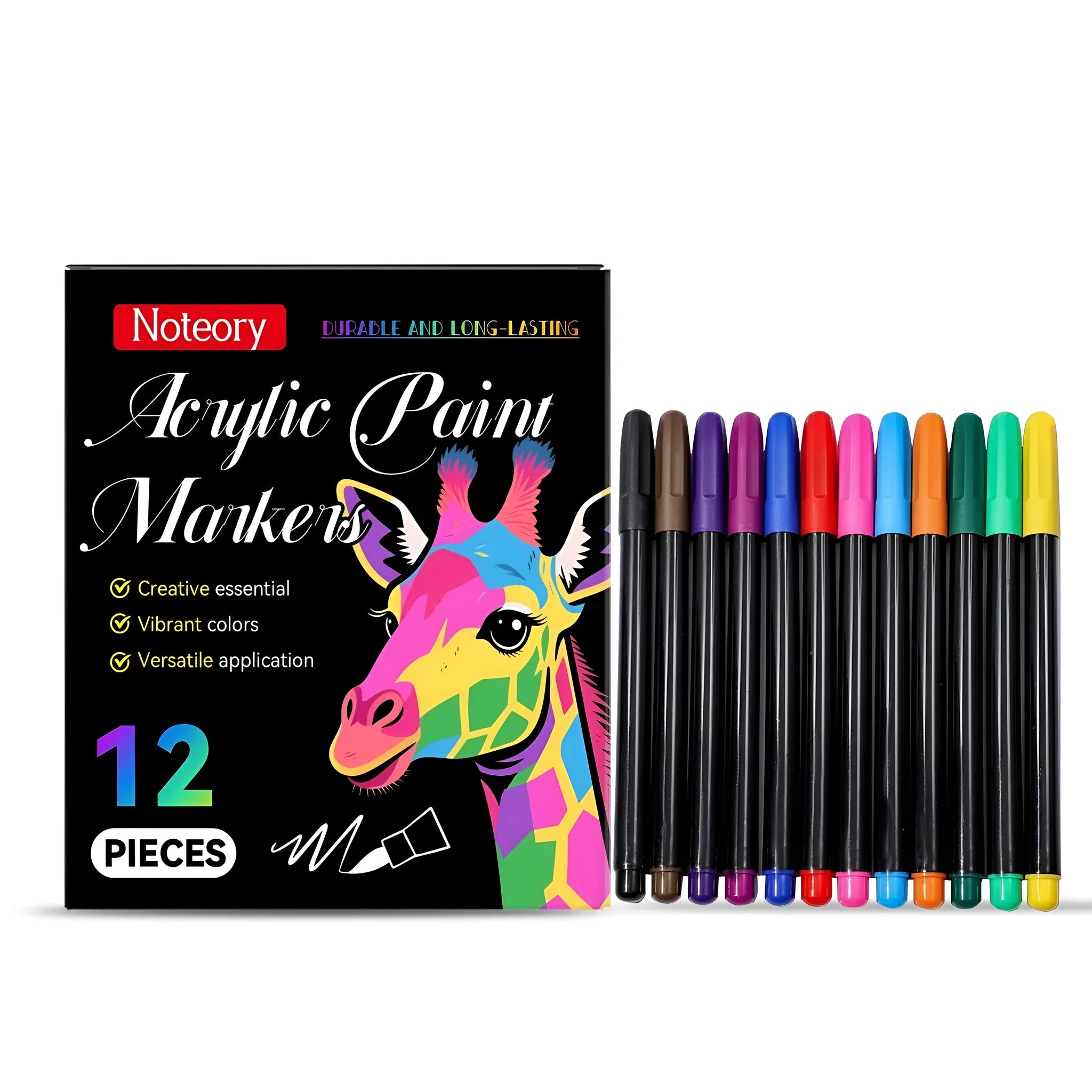 Set of 12 acrylic paint markers with 2.0mm tips for multi-surface use on fabric, wood, glass.