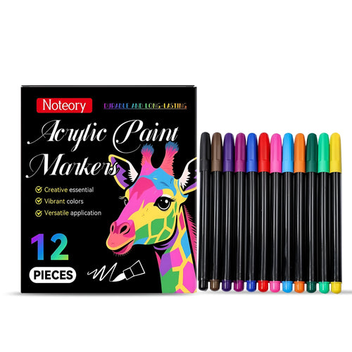 Set of 12 acrylic paint markers with 2.0mm tips for multi-surface use on fabric, wood, glass.