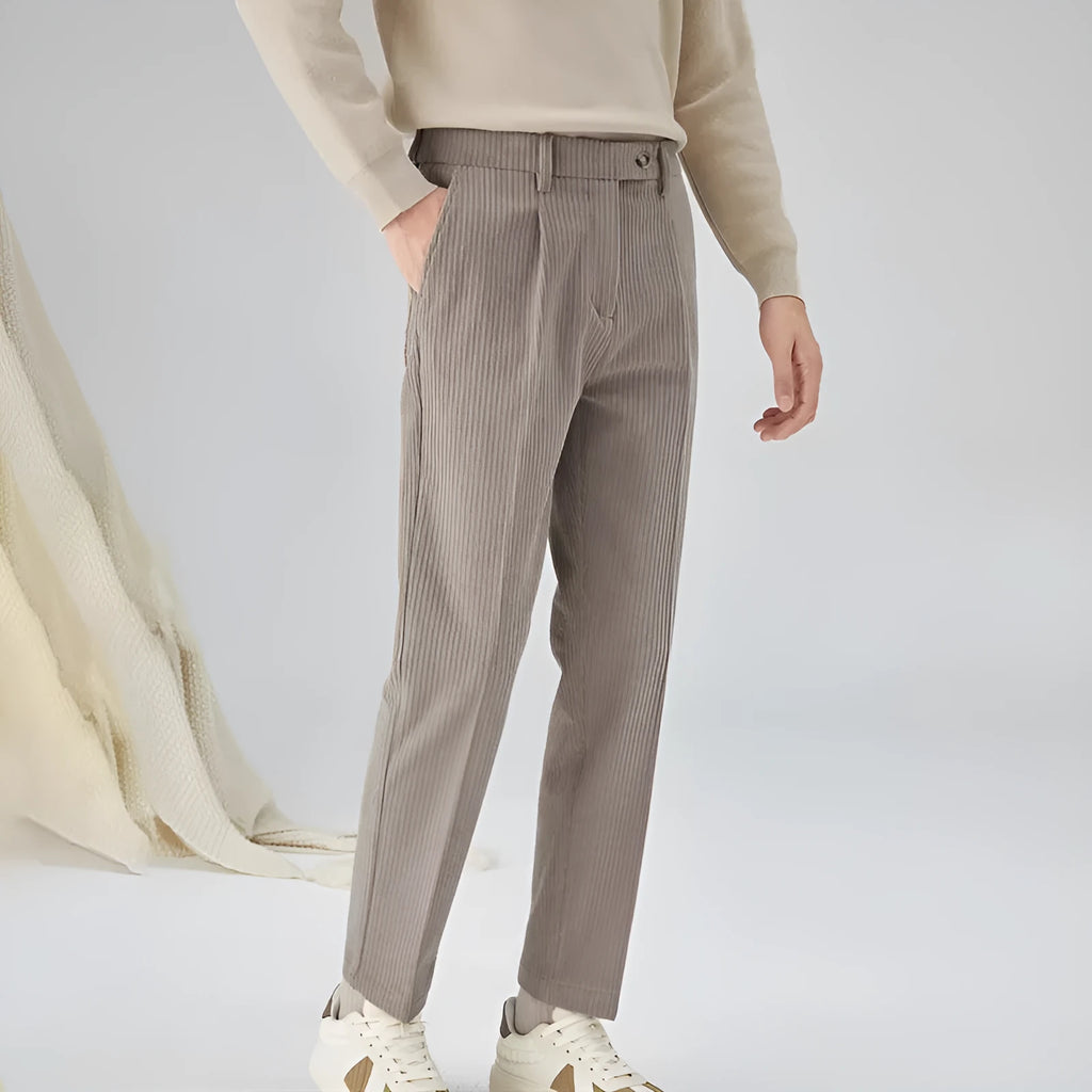 Men's straight-leg corduroy trousers in beige colour showing front view with mid-waist design