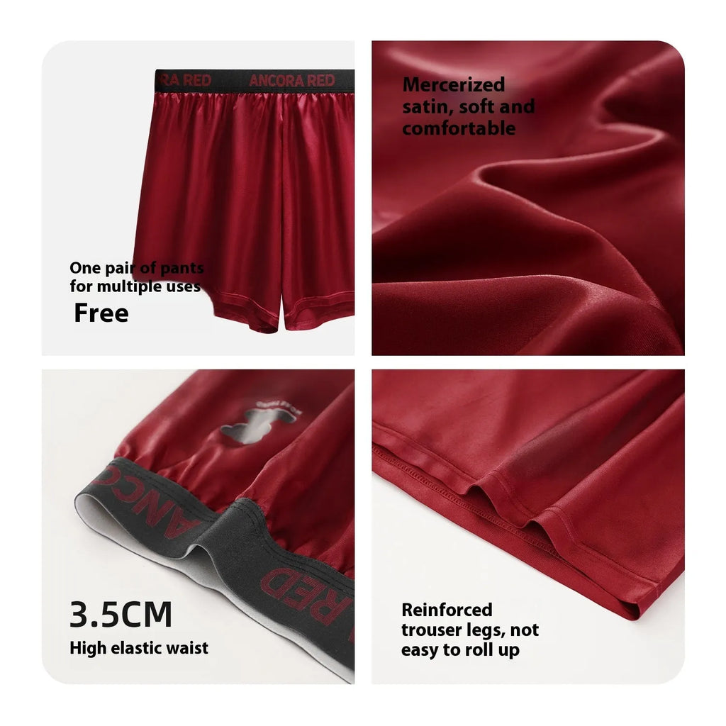 Men's solid colour knitted polyester boxer briefs on a mid-waist model, showing colour options black, blue, red, silver, purple, and brown.