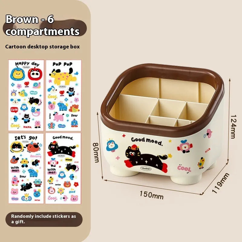 Cartoon design plastic desktop organiser with storage box, pen container, tissue box and coin bank accessories in red and brown colours