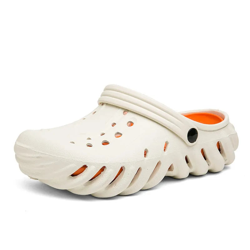 Men's beige EVA outdoor sandals with hollow out breathable design and non-slip sole