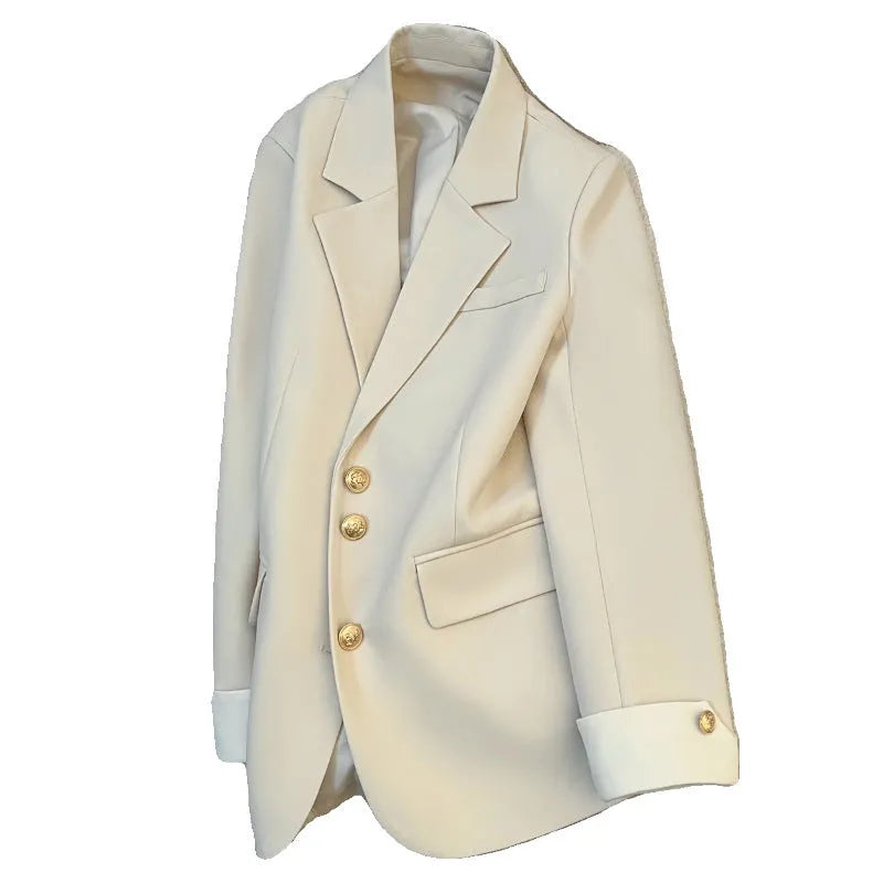 Women's Korean style loose fit polyester trench coat in milky white showing medium length and pocket details