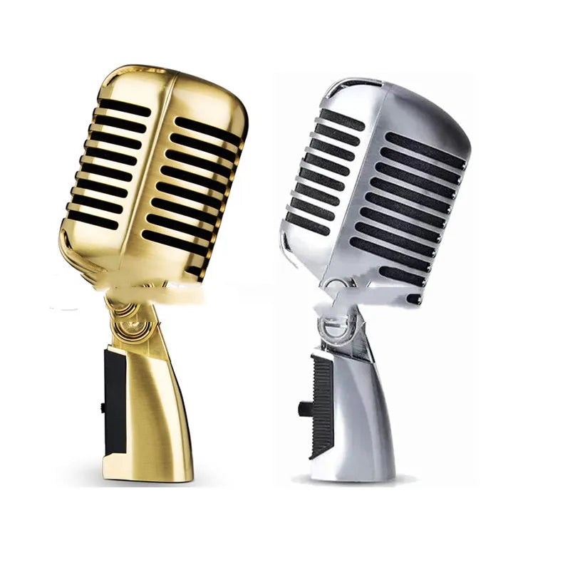 Silver retro dynamic microphone with all-metal body and heart-shaped polar pattern for stage and video use