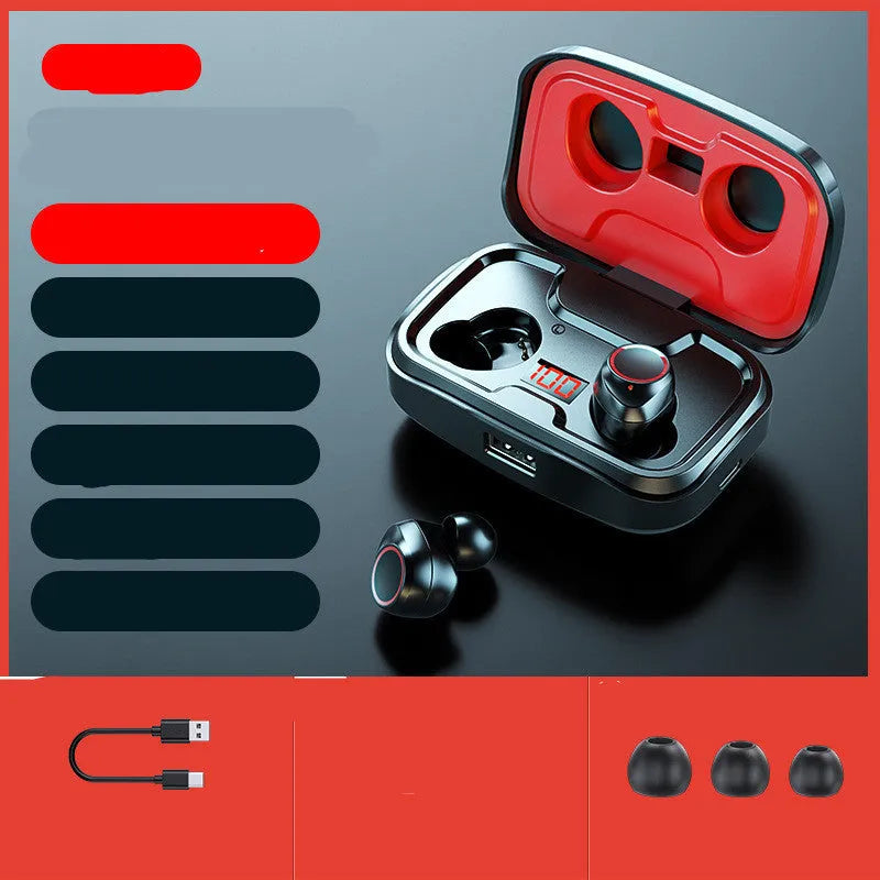 Black wireless in-ear headphones with Bluetooth 5.0 showing the private mould earpiece design