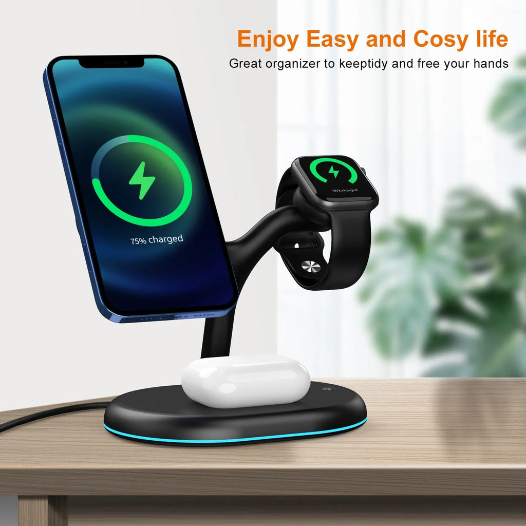 Black three-in-one magnetic wireless charger with ABS construction showing charging surface