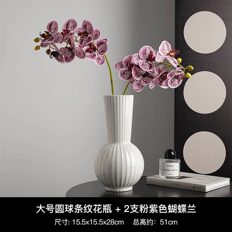 White American striped ceramic ball vase for living room decoration with orchid stem options