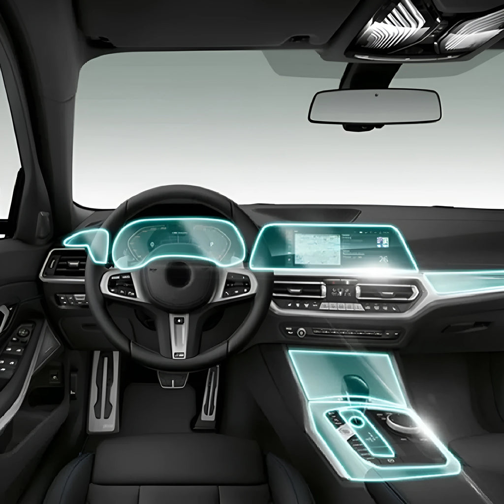 Transparent protective film kit for BMW 3 Series centre console and gear shift area.
