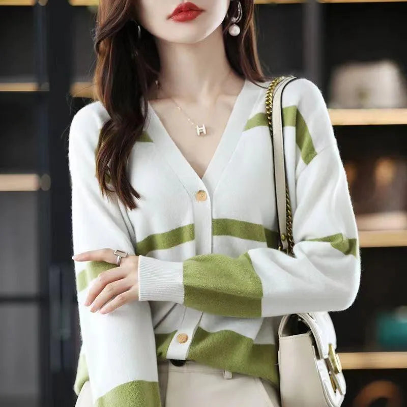 Women's striped knitted cardigan with V-neck, button front, and 3D pattern texture