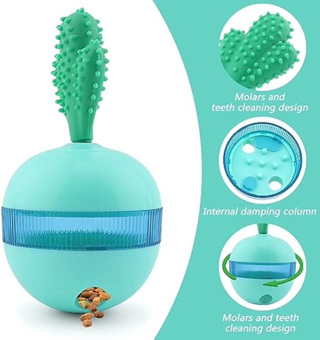 Blue and green durable rubber dog puzzle ball with treat dispensing holes