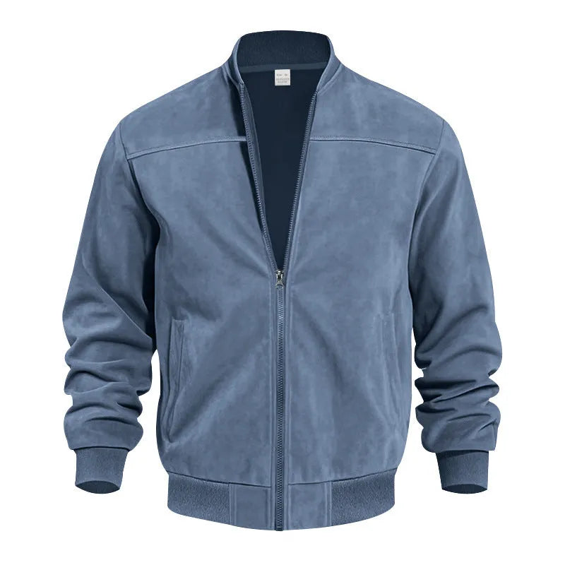 Men's Army Green suede zip-up jacket with a regular fit and standard sleeves on a hanger.