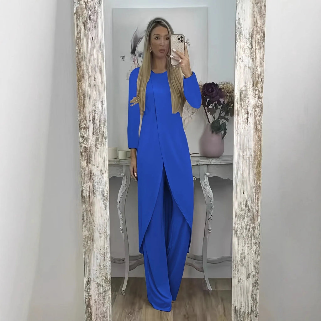 Loose fit casual two-piece lounge set in black, blue or khaki with long sleeves and matching trousers