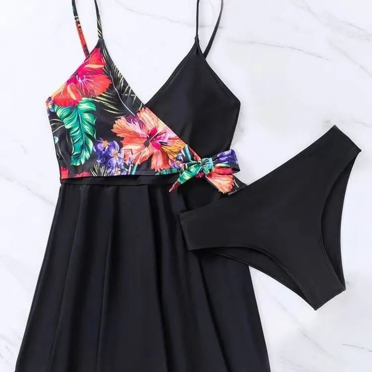 Black women's high waist briefs split bikini swimwear on a white background.