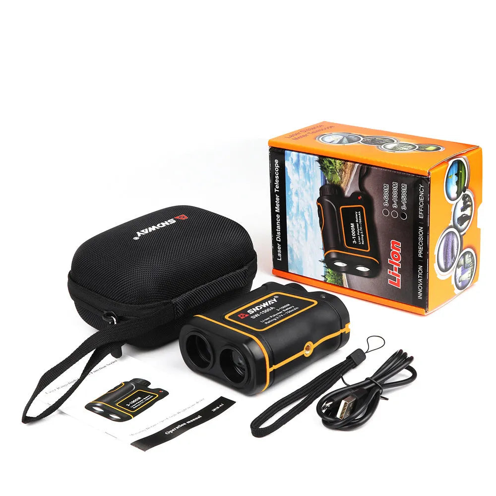 Handheld golf laser rangefinder showing compact design with distance measurement display