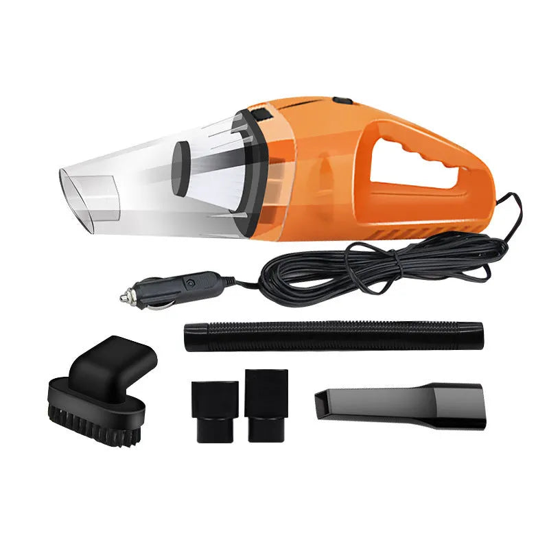 Orange, black, and blue handheld 12V car vacuum cleaner with nozzles and long power cord.