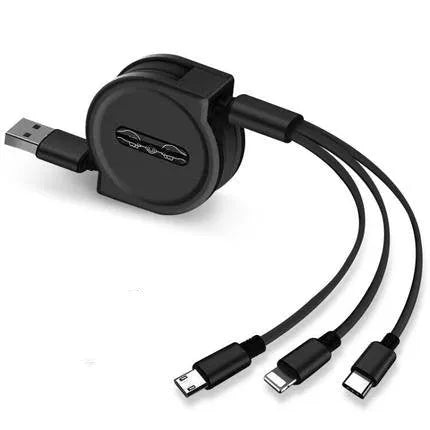 Telescopic charging cable extended to 120cm with 3-in-1 connectors in choice of colours