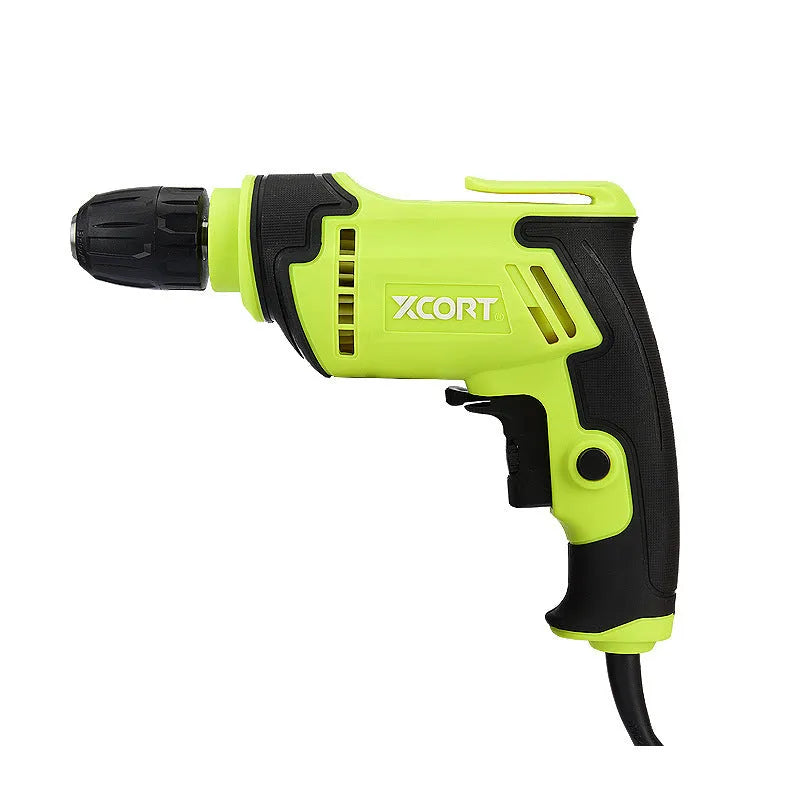 Pistol grip electric power drill with a 10mm keyed chuck on a workbench.