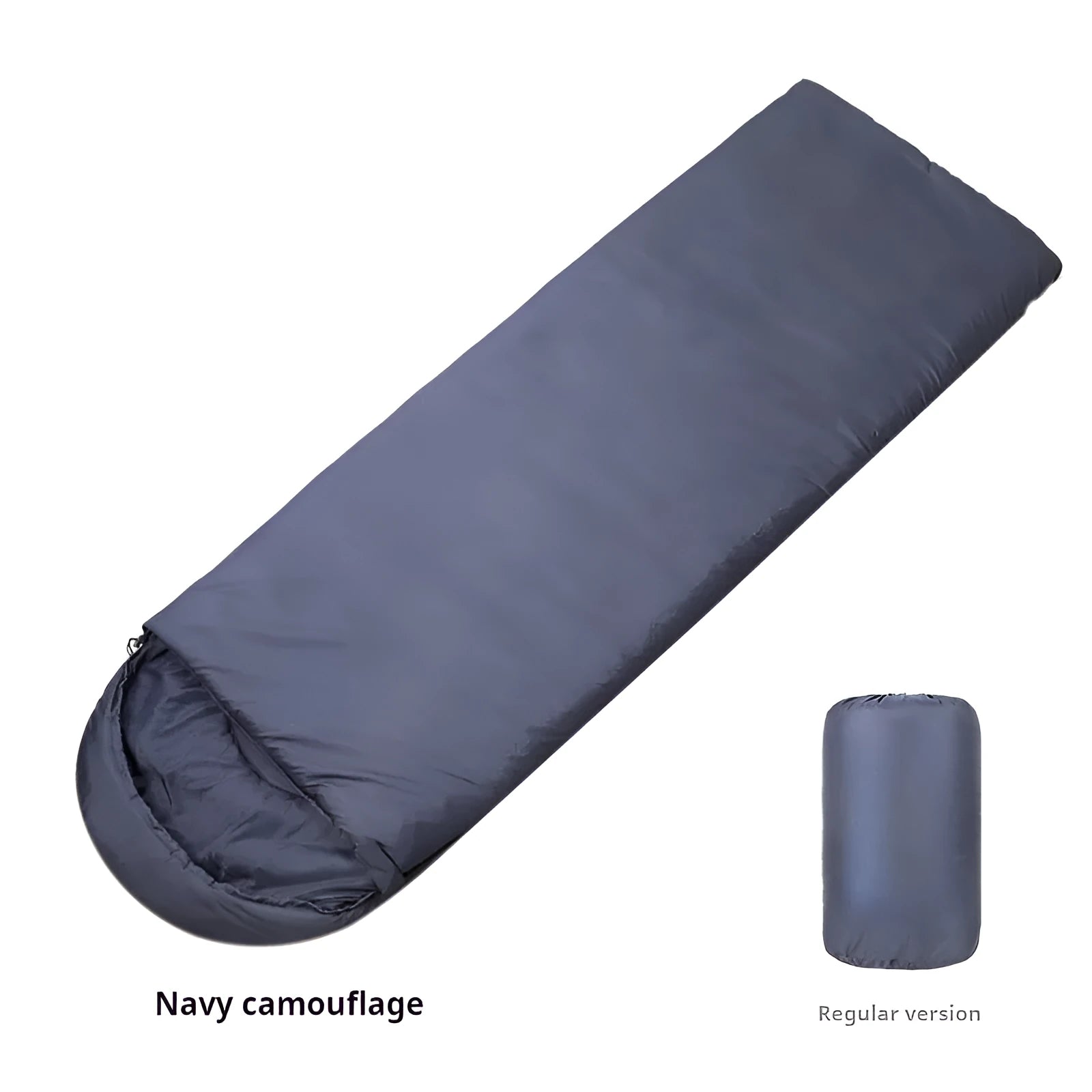 Navy blue envelope-style camping sleeping bag with hollow cotton filling and storage sack