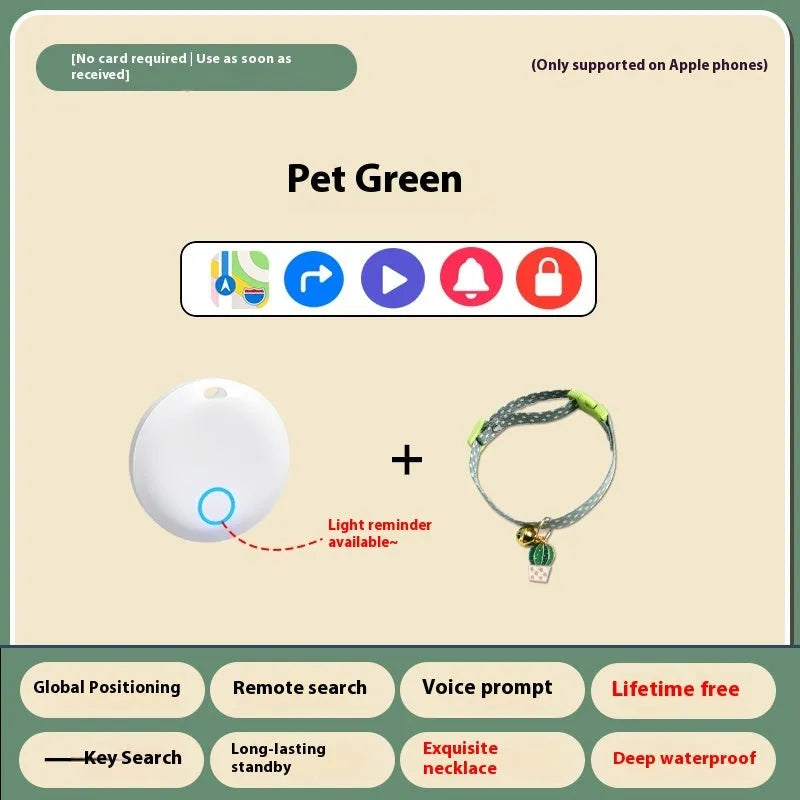 A white GPS pet tracker device attached to a black dog collar on a grass background.