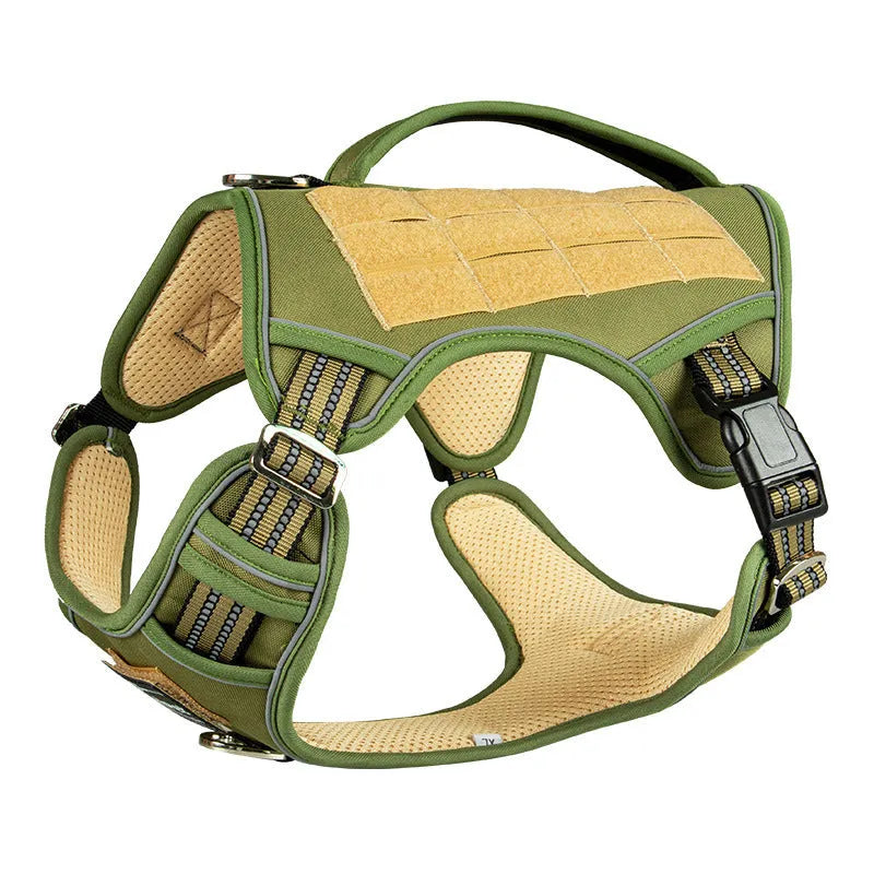 Tactical dog chest strap in oxford cloth, shown in olive green colour on a working dog.