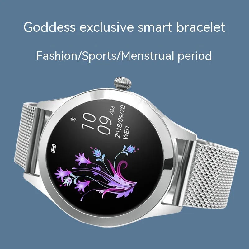 Women's smartwatch in black, rose gold, silver, or white with fitness tracking and phone notifications.