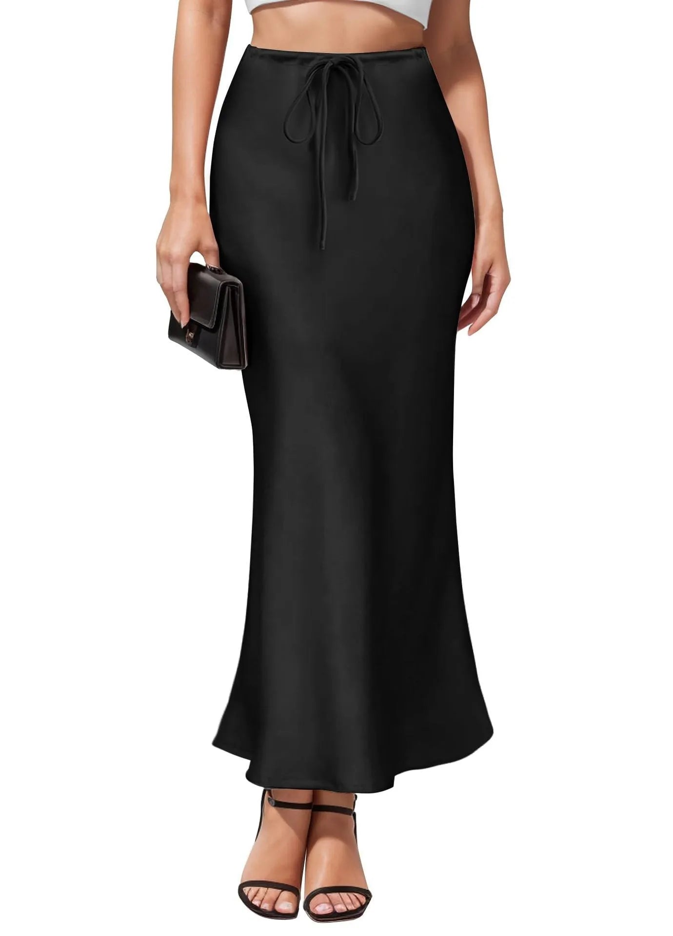Women's high-waist asymmetric acetate skirt in black showing irregular hem detail