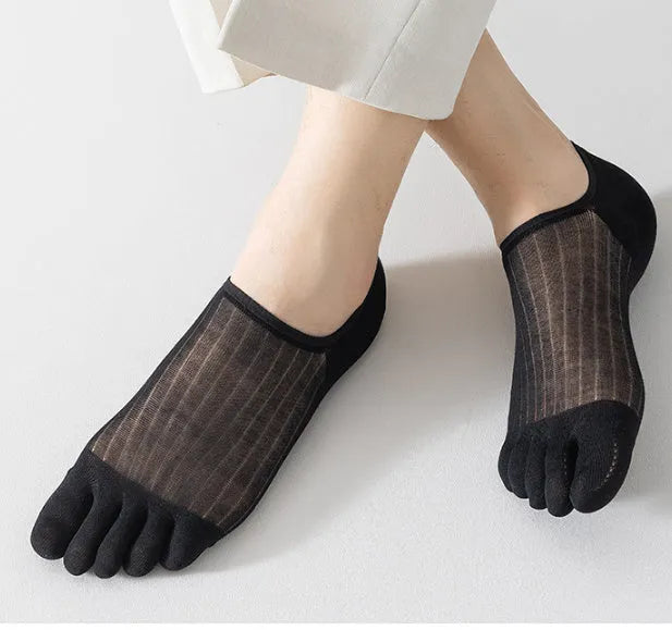 Modal cotton five-finger ultra-thin breathable boat socks in black, shown in a flat lay.