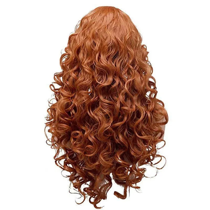 Brown long wavy curly synthetic wig with instant noodles fluffy texture for cosplay