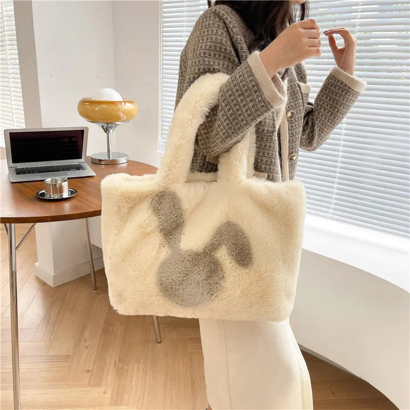 Plush rabbit ears tote bag in solid colour with shoulder strap and large capacity design