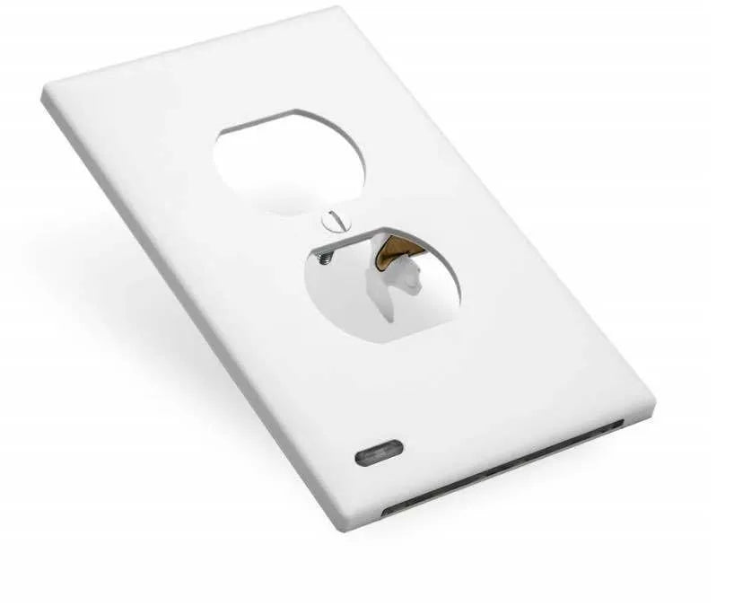 White plug-in LED night light with sensor, installed covering a wall electrical socket.