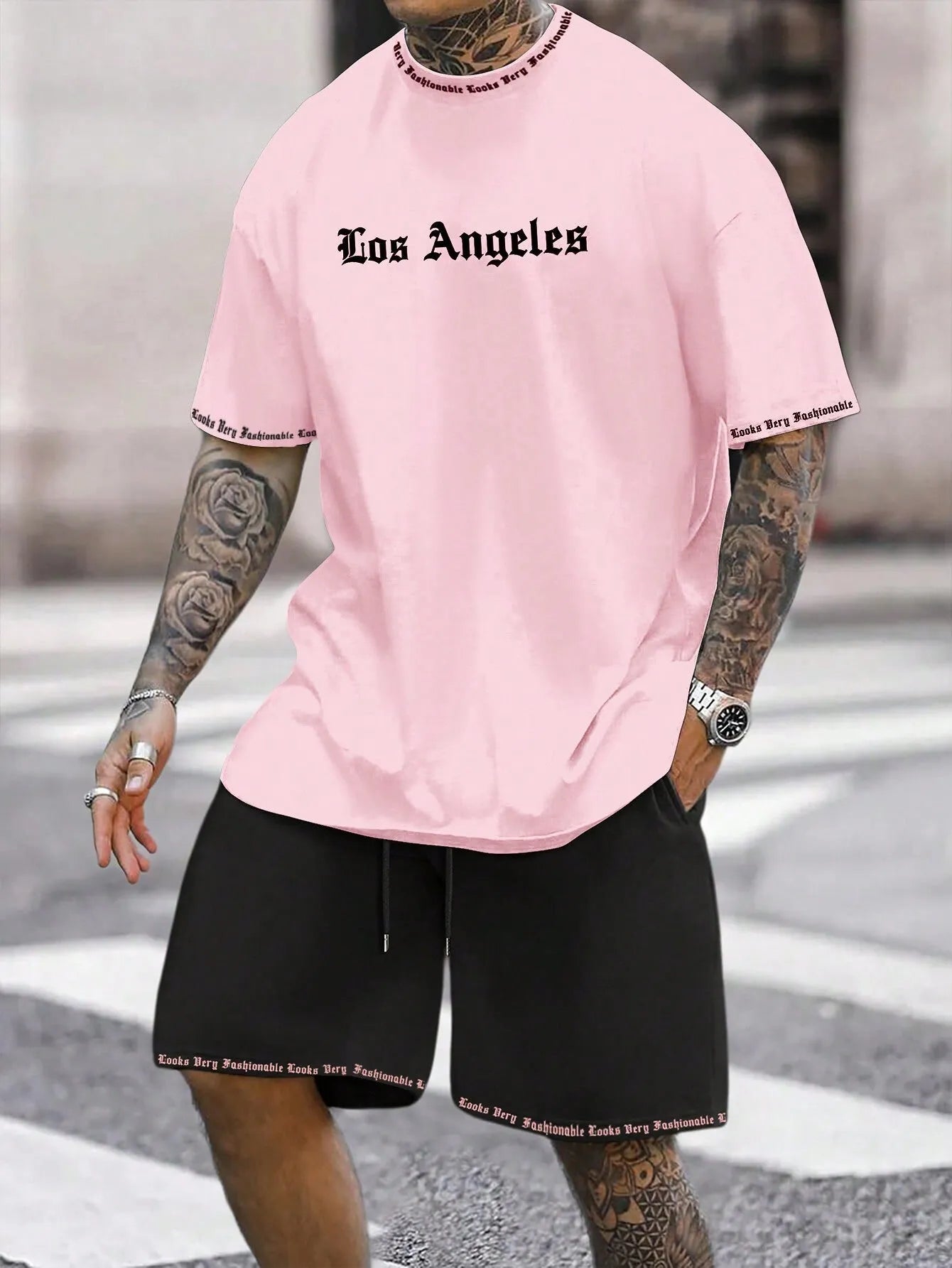 Men's sports shorts and t-shirt set in cotton blend fabric with printed pattern