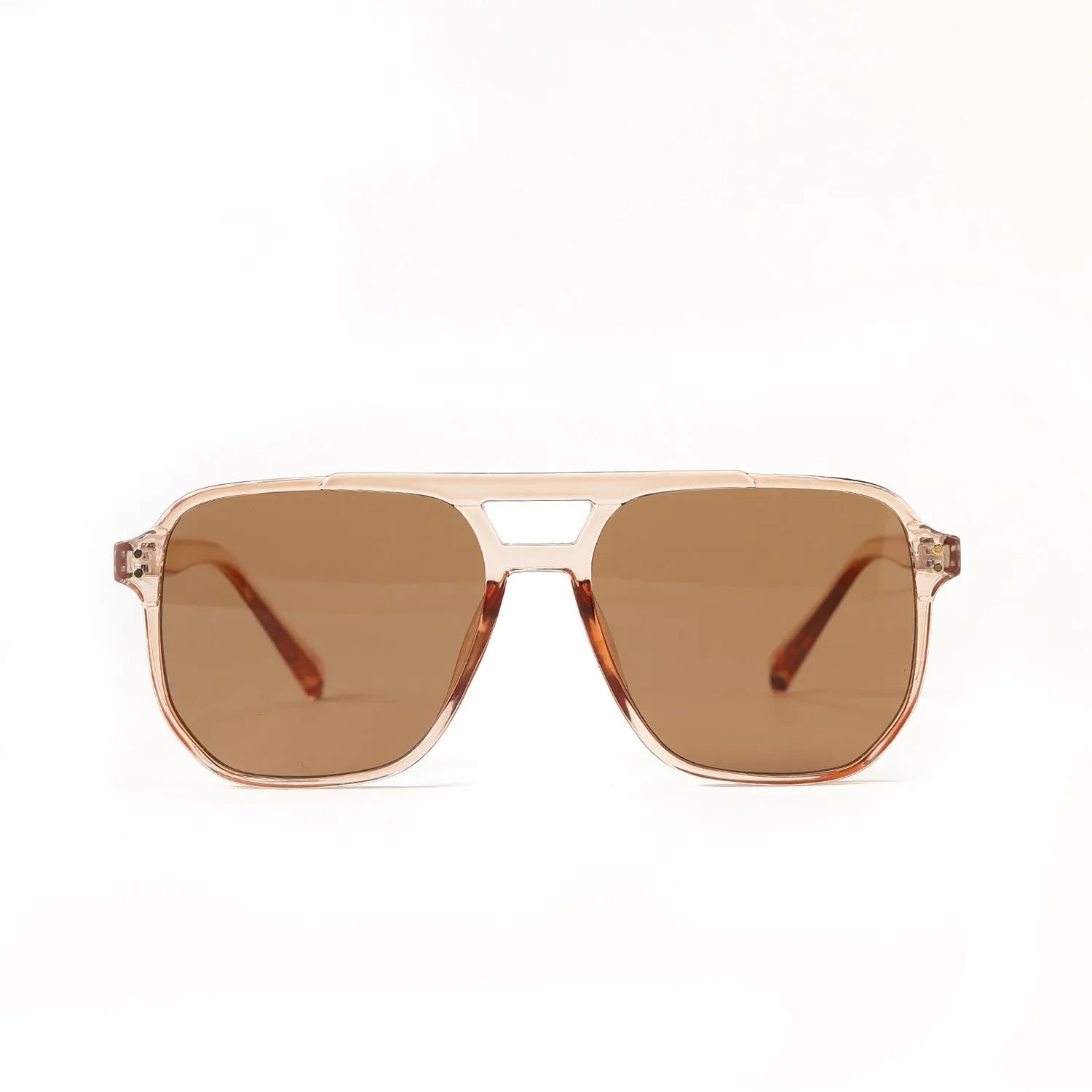 Women's black frame pink lens sunglasses with double square beam design and UV400 protection.