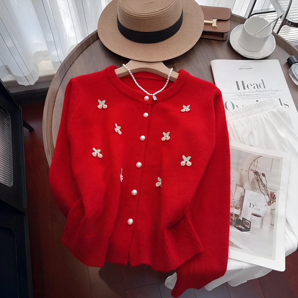 French sweet style cashmere cardigan coat with beaded detail in slim fit free size
