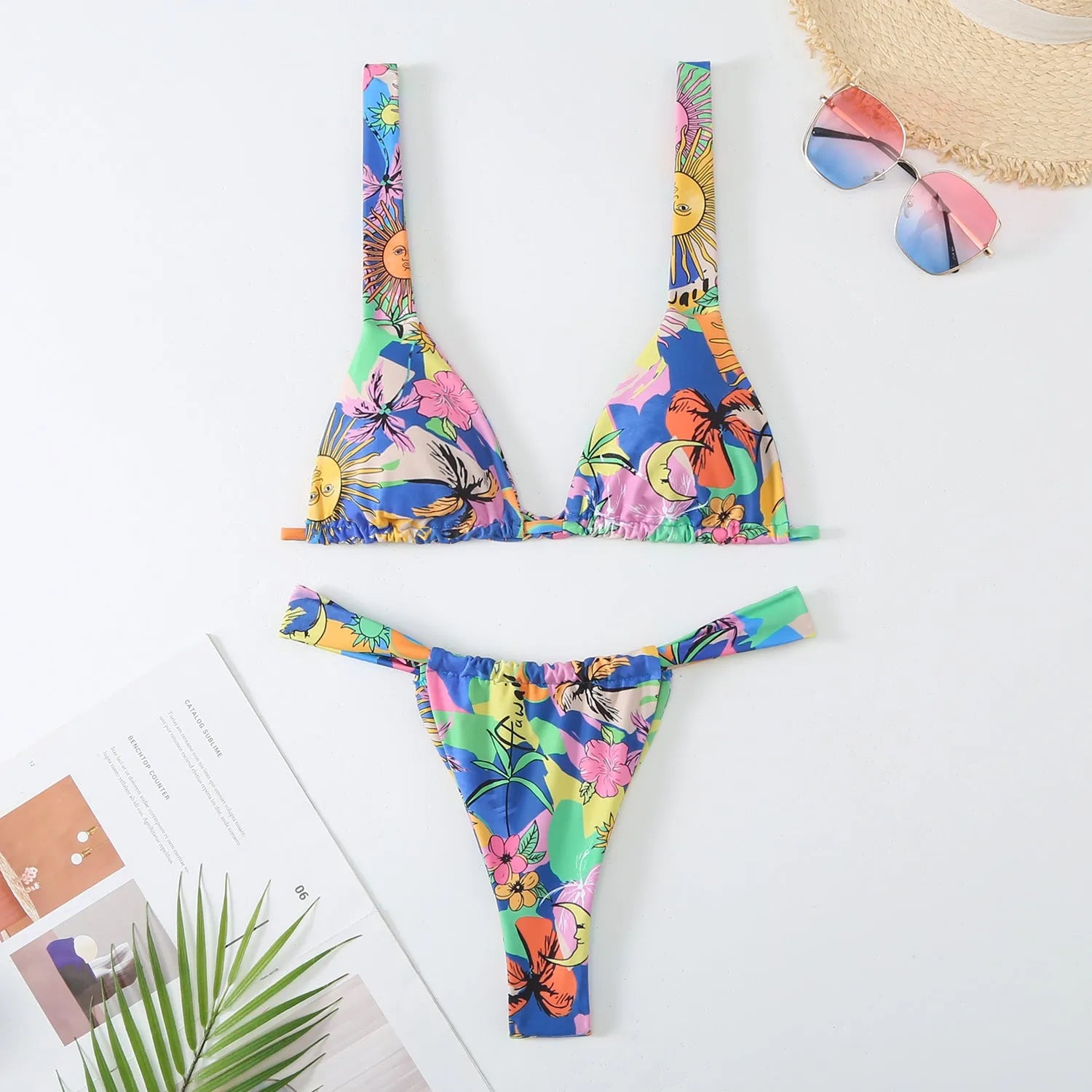 Women's floral-print bikini swimsuit in blue, rose red, sky blue, or white colours