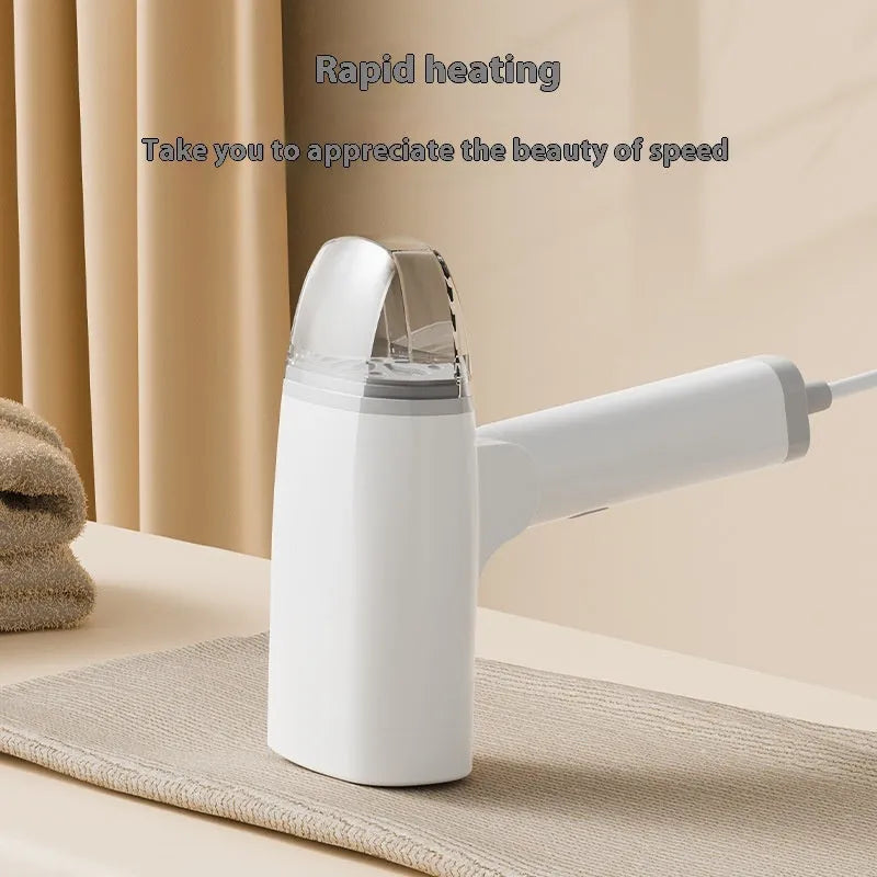Handheld garment steamer in blue or white with compact design and mechanical controls