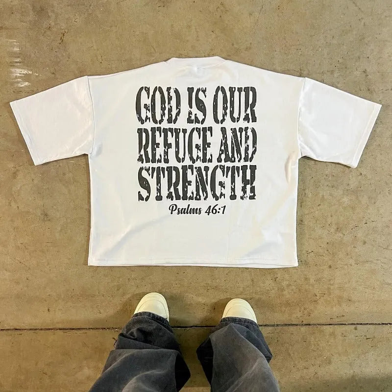Men's printed cotton short-sleeve t-shirt in retro street style with drop-shoulder sleeves.
