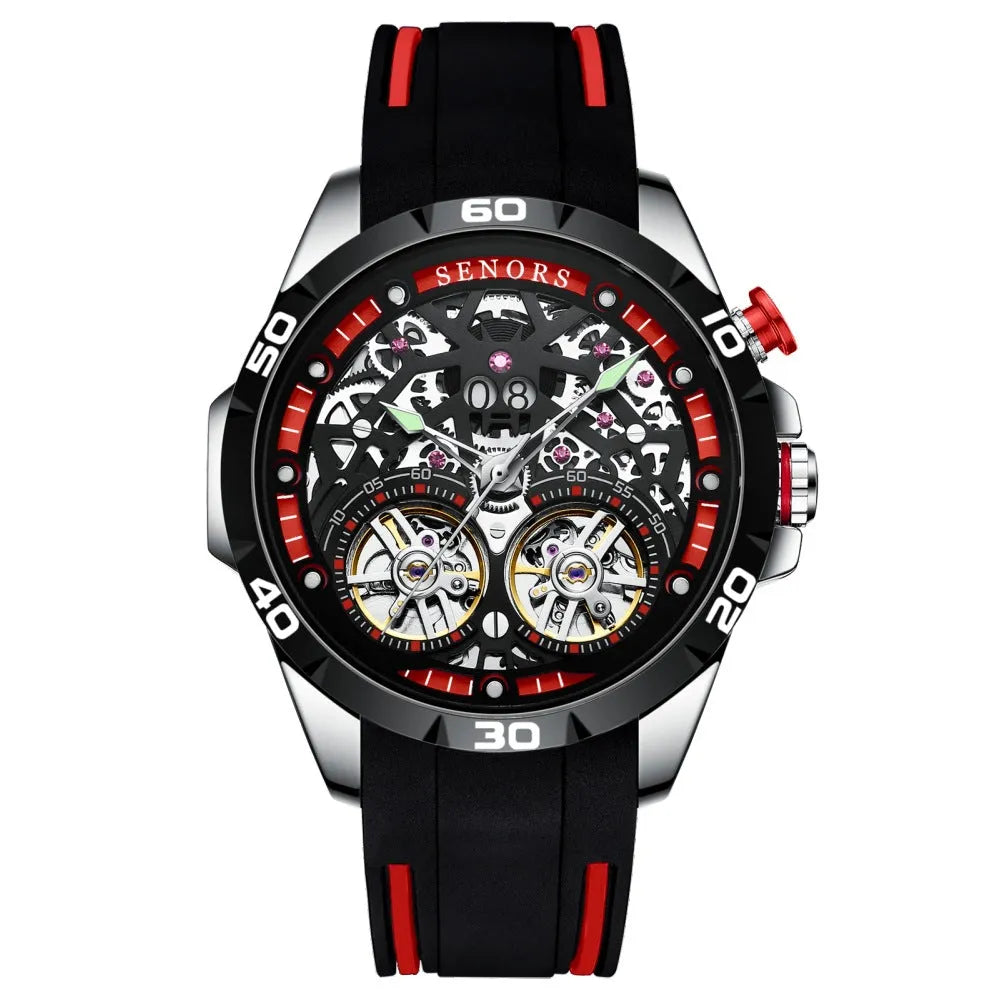 Automatic mechanical men's watch with luminous hollow design showing movement, 14mm thickness