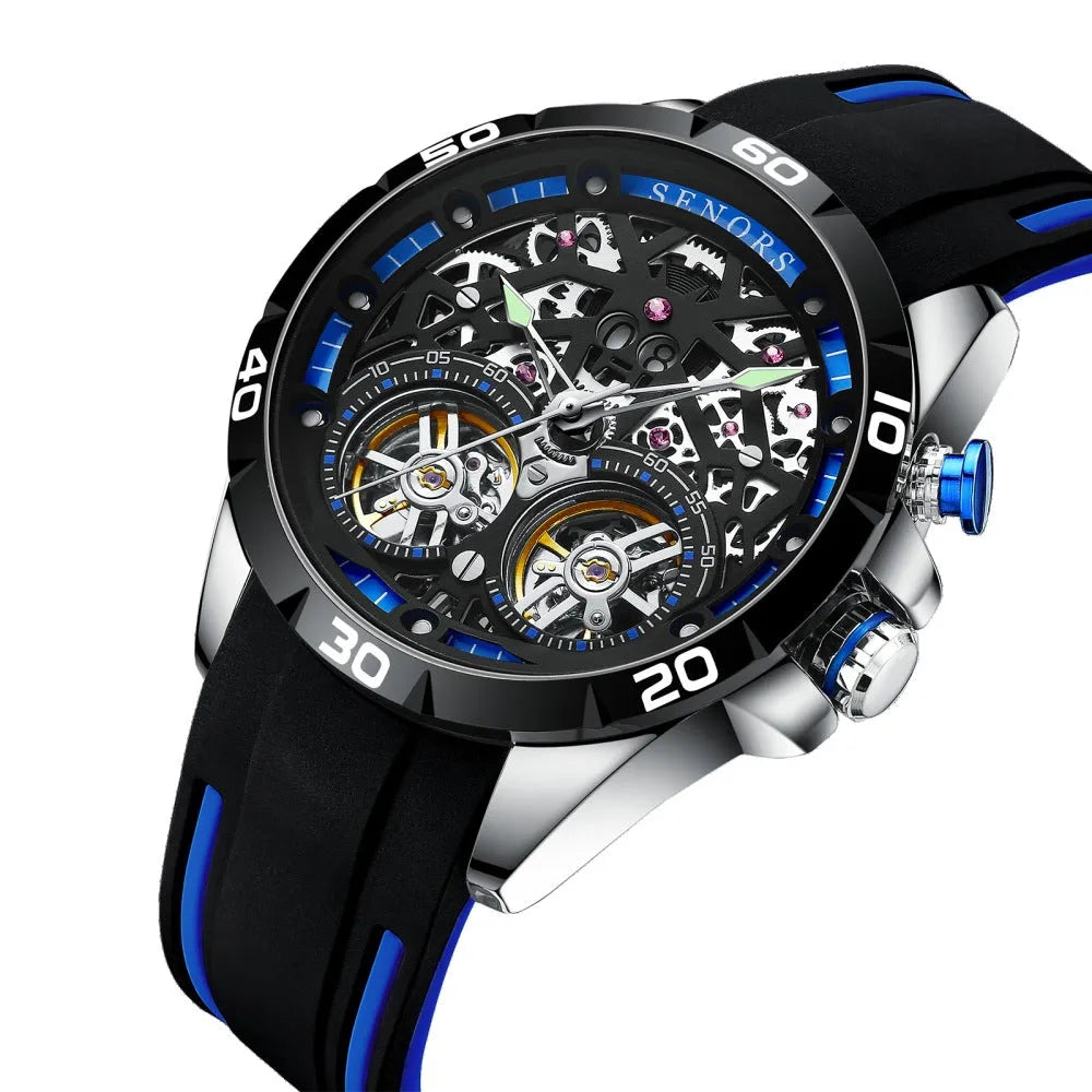 Automatic mechanical men's watch with luminous hollow design showing movement, 14mm thickness